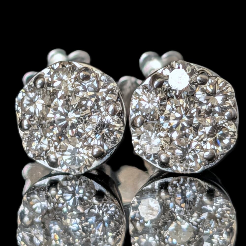 Vintage Diamond Cluster 14k White Gold Stud Earrings Halo Estate Jewelry Gift